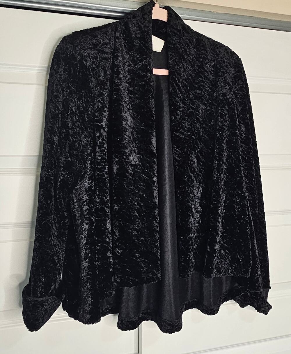 Connected Apparel Black Crushed Velvet Draped Open Front Evening Jacket Medium